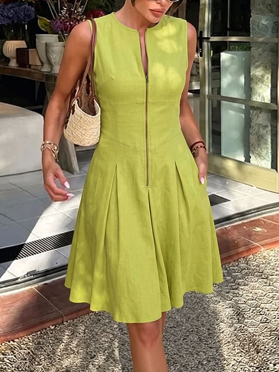 A-Line Sleeveless Pleated Pockets Solid Color Zipper Round-Neck Mini Dresses