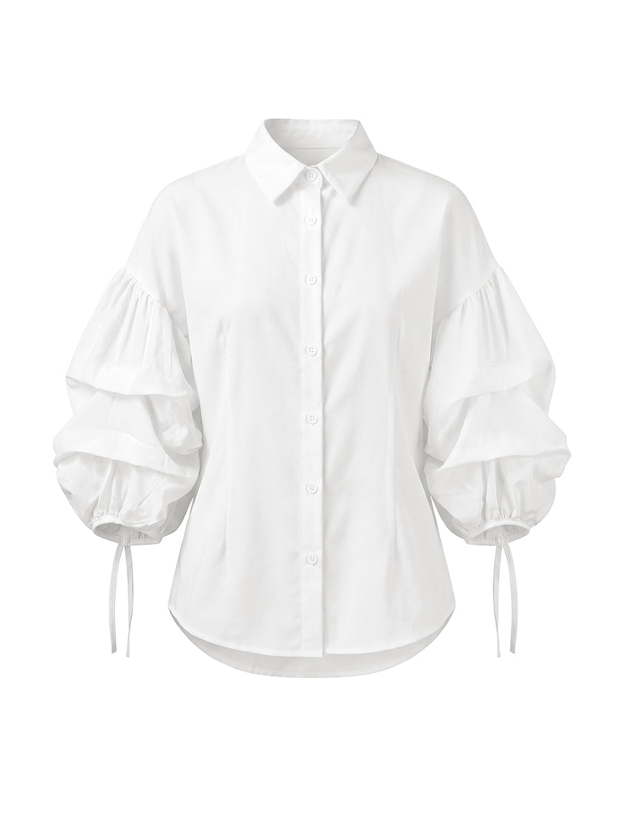 Loose Puff Sleeves Buttoned Solid Color Tied Lapel Blouses&Shirts Tops