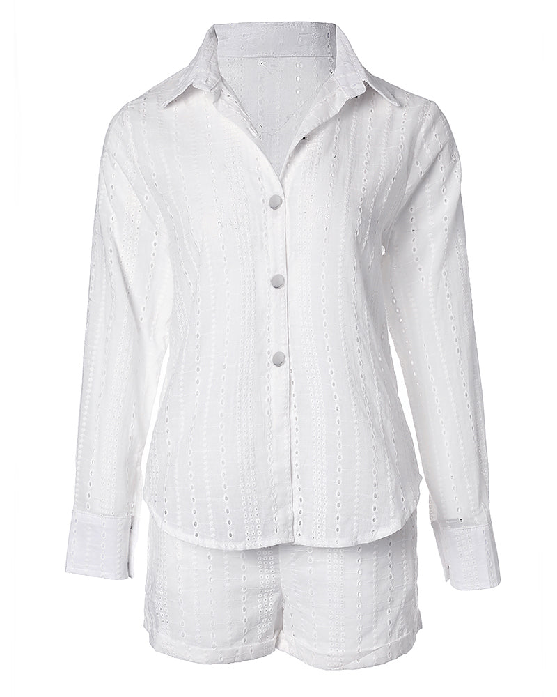 2 Pieces Outfit Turn Down Collar Button Front Eyelet Embroidery Top And Casual Elastic Waist Shorts Set With Lining