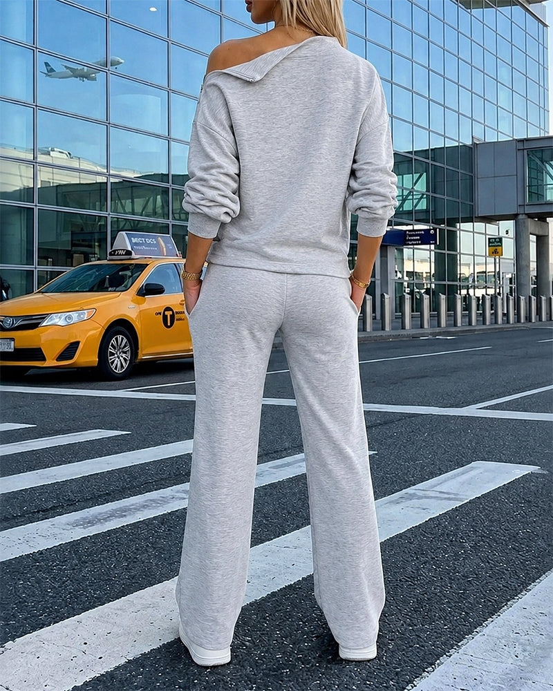 Women's 2 Piece Sweatsuit Set Mock Neck Zip Sweatshirt and High Waisted Straight Leg Sweatpants Casual Loungewear