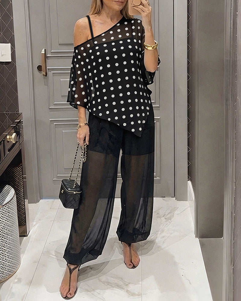 Women's 3 Piece Outfits Polka Dot Skew Neck Cape Top and Sheer Lantern Pants Set with Camisole Liner Party Clubwear
