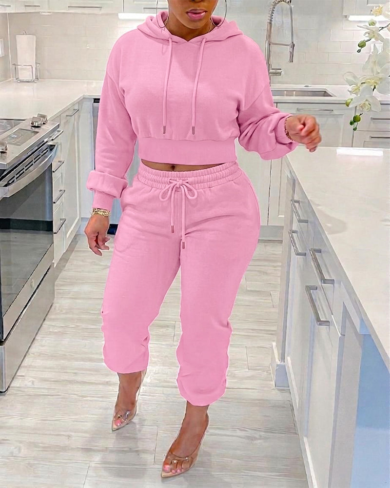 Women's 2 Piece Sweatsuit Set Cropped Drawstring Hoodie and High Waisted Jogger Sweatpants with Pockets