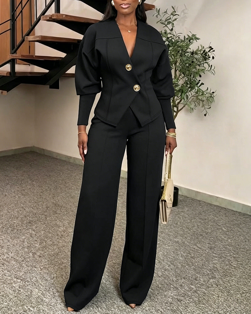 Women's 2 Piece Set V-Neck Cinched Waist Gigot Sleeve Top and High Waist Wide Leg Pants Elegant Set