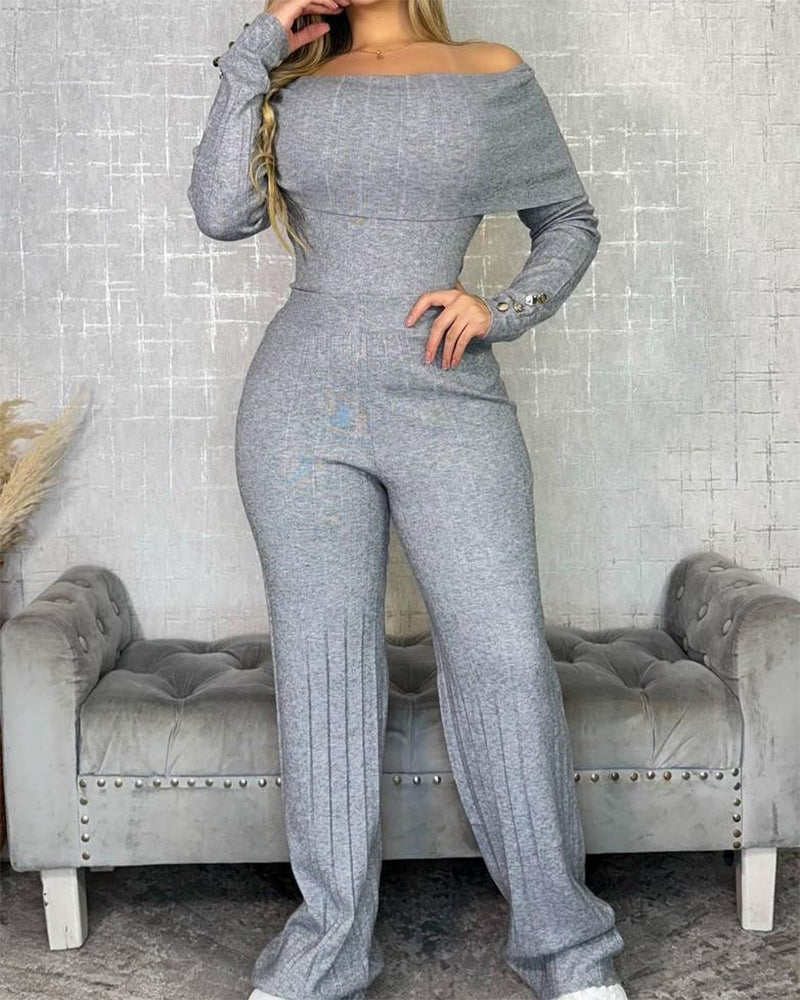 2 Pieces Outfit Button Decor Foldover Off Shoulder Slim Fit Top and Elastic Waist Wide Leg Pants Set Casual Ribbed Set