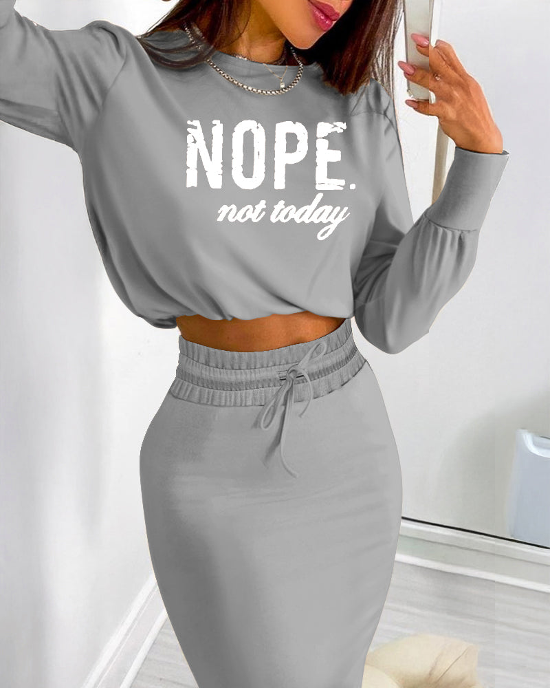 2 Pieces Outfit NOPE. not today Slogan Print Long Sleeve Stretchy Hem Crop Top and High Waist Drawstring Elastic Waist Slit Casual Skirt Set