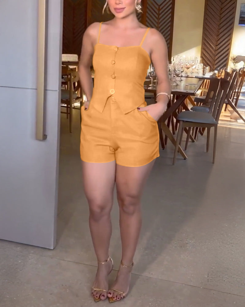 2 Pieces Outfit Adjustable Spaghetti Straps Button Front Shirred Back Crop Cami Top and Casual Zipper Fly Elastic Back Waist Shorts Set