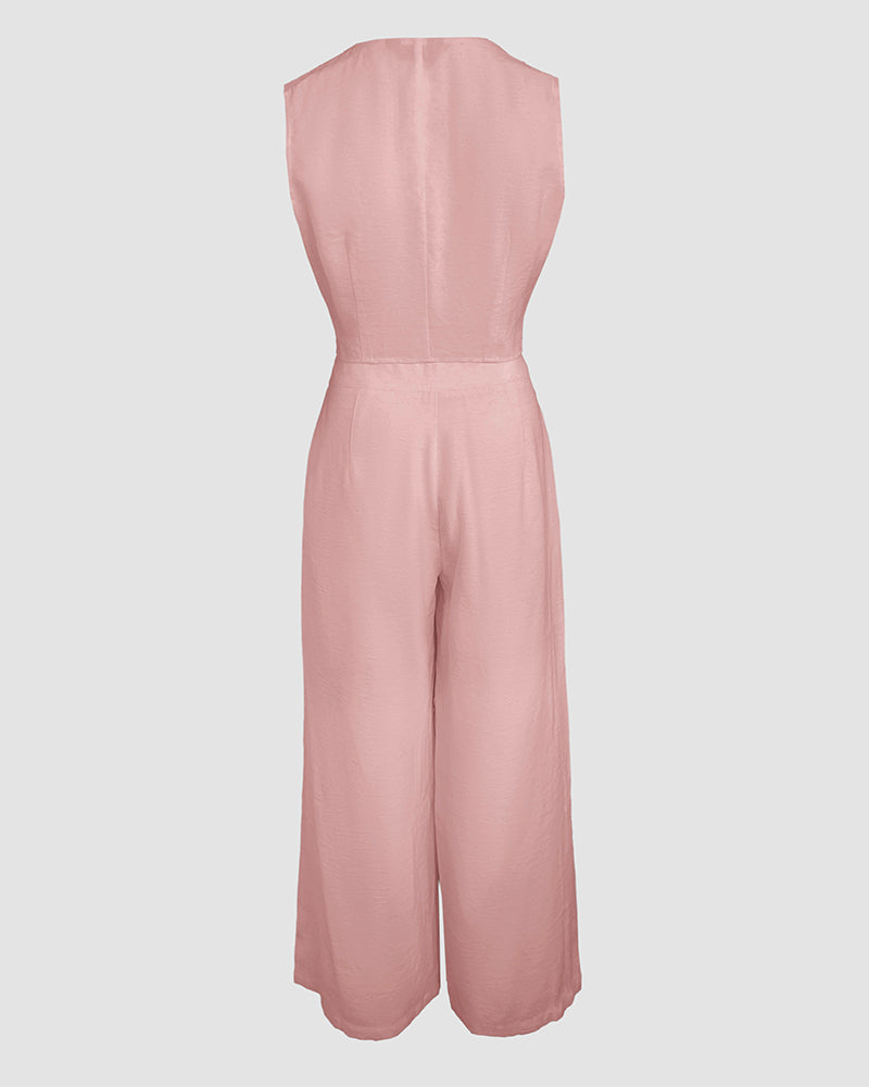 Women's Two Piece Outfits Faux Two Piece Sleeveless Crop Top and High Waisted Wide Leg Pants Elegant Matching Suit