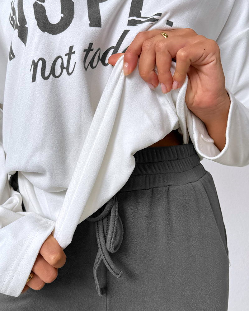 2 Pieces Outfit Nope. Not Today Slogan Print Skew Neck Long Sleeve Pullover Top And Casual Drawstring Stretchy Waist Slim Fit Pants Set