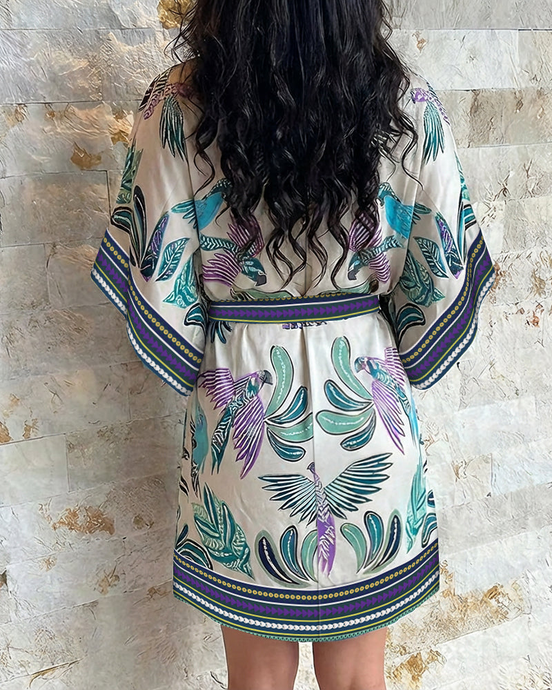 2 Pieces Outfit V-Neck Batwing Sleeve Bodysuit and Zipper Back Tie Waist Wrap Front Skirt Set Casual Animal & Plants Print Vacation Set