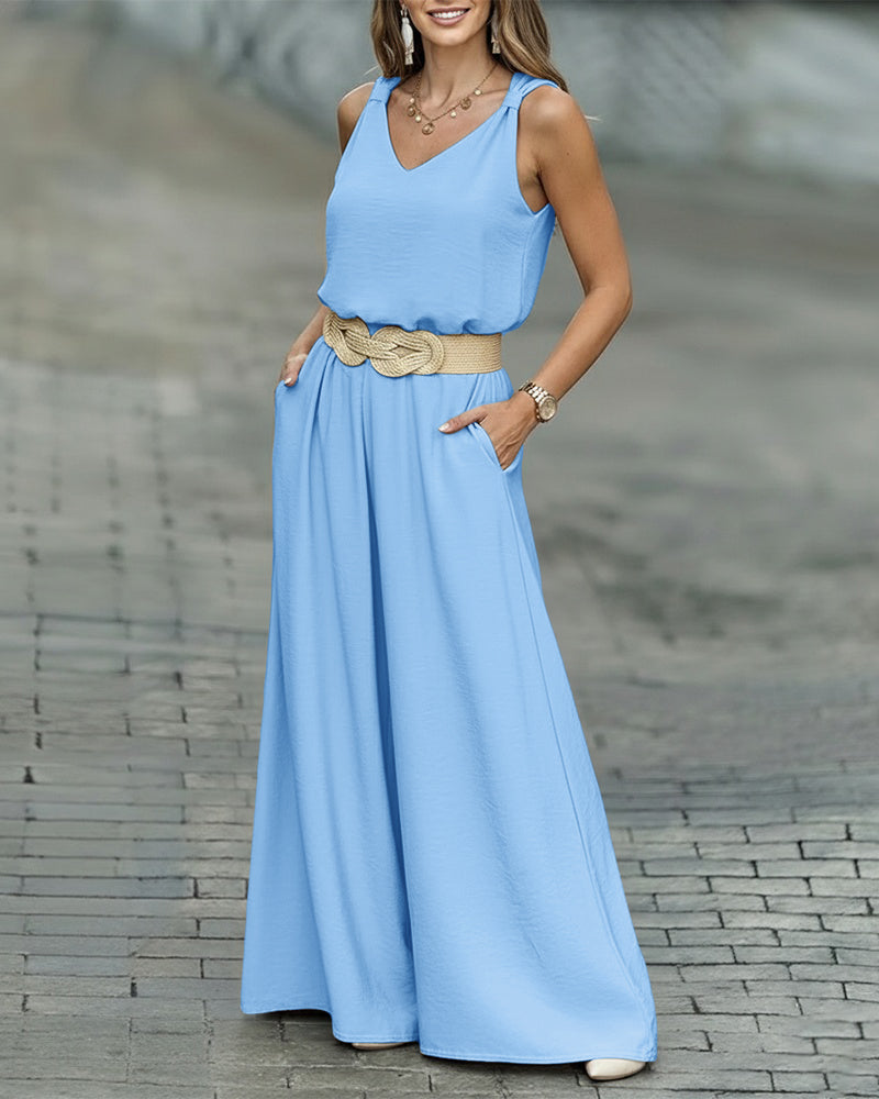 2 Pieces Outfit V-Neck Shoulder Bowknot Design Sleeveless Tank Top and Casual Zipper Fly Elastic Back Waist Wide Leg Pants Set without Belt