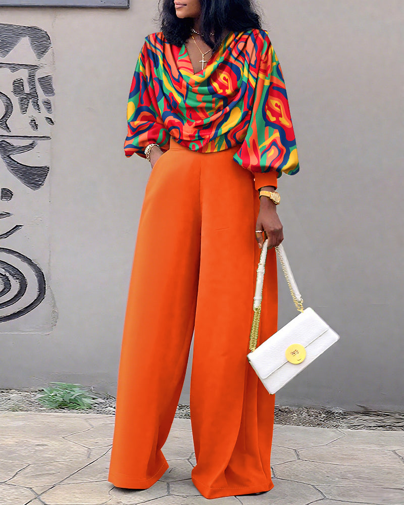 2 Pieces Outfit Multi-color All Over Print Cowl Neck Lantern Sleeve Stretchy Hem Loose Crop Top and Casual Elastic Back Waist Wide Leg Pants Set