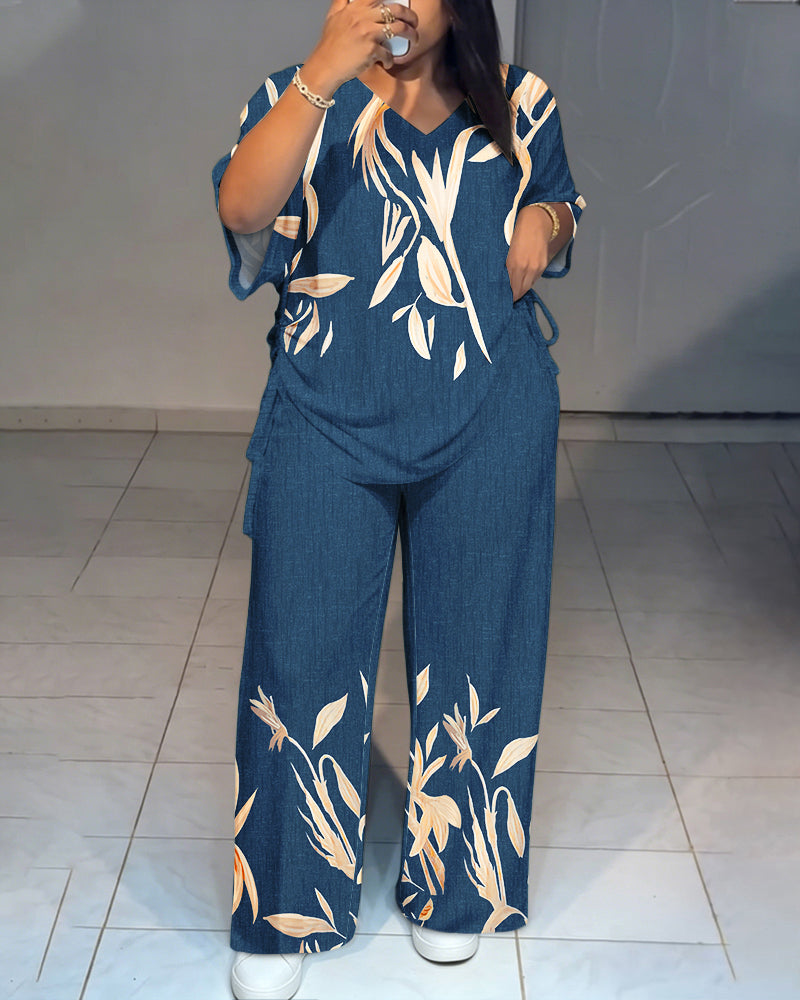 Women's Tropical Plants Print 2 Piece Outfits V Neck Drawstring Ruched Top and Wide Leg Pants Set Casual Loose Loungewear