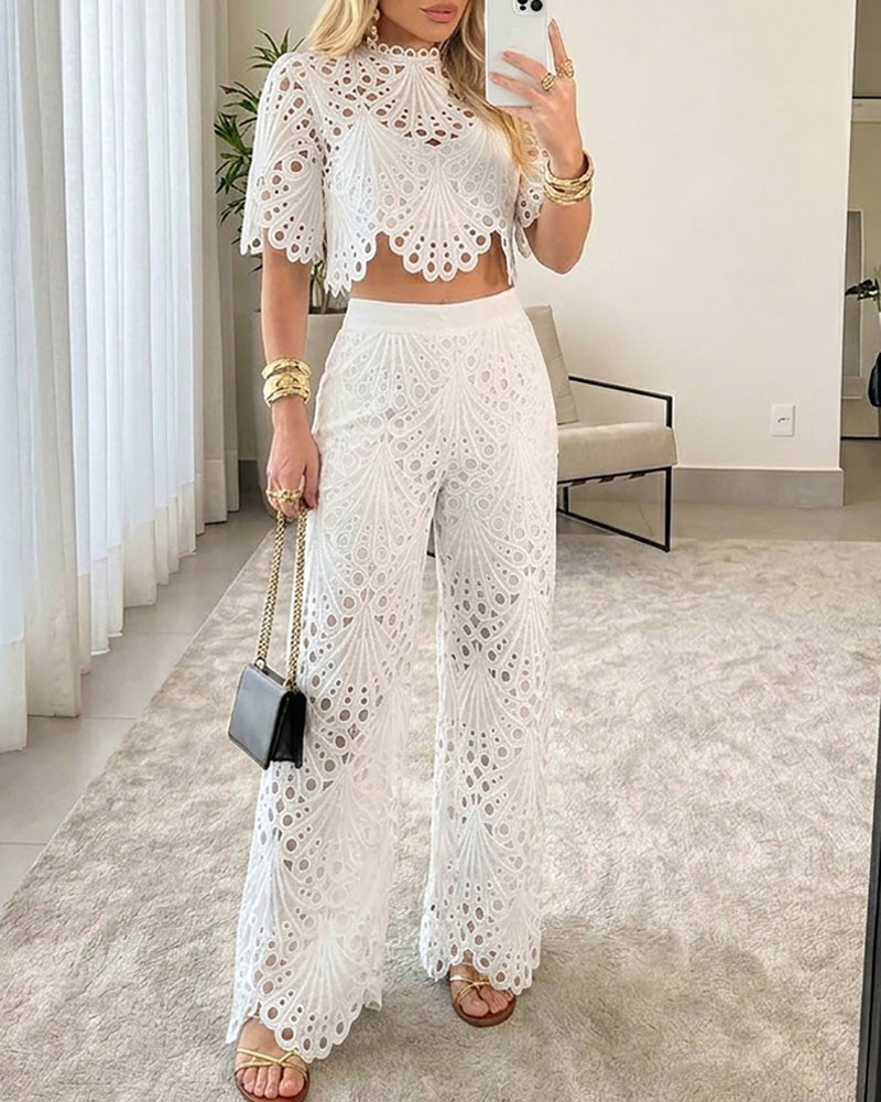 Women's 2-Piece Lace Matching Set Elegant Stand Collar Hollow Out Crop Top and High Waisted Straight Leg Pants Suit with Lining