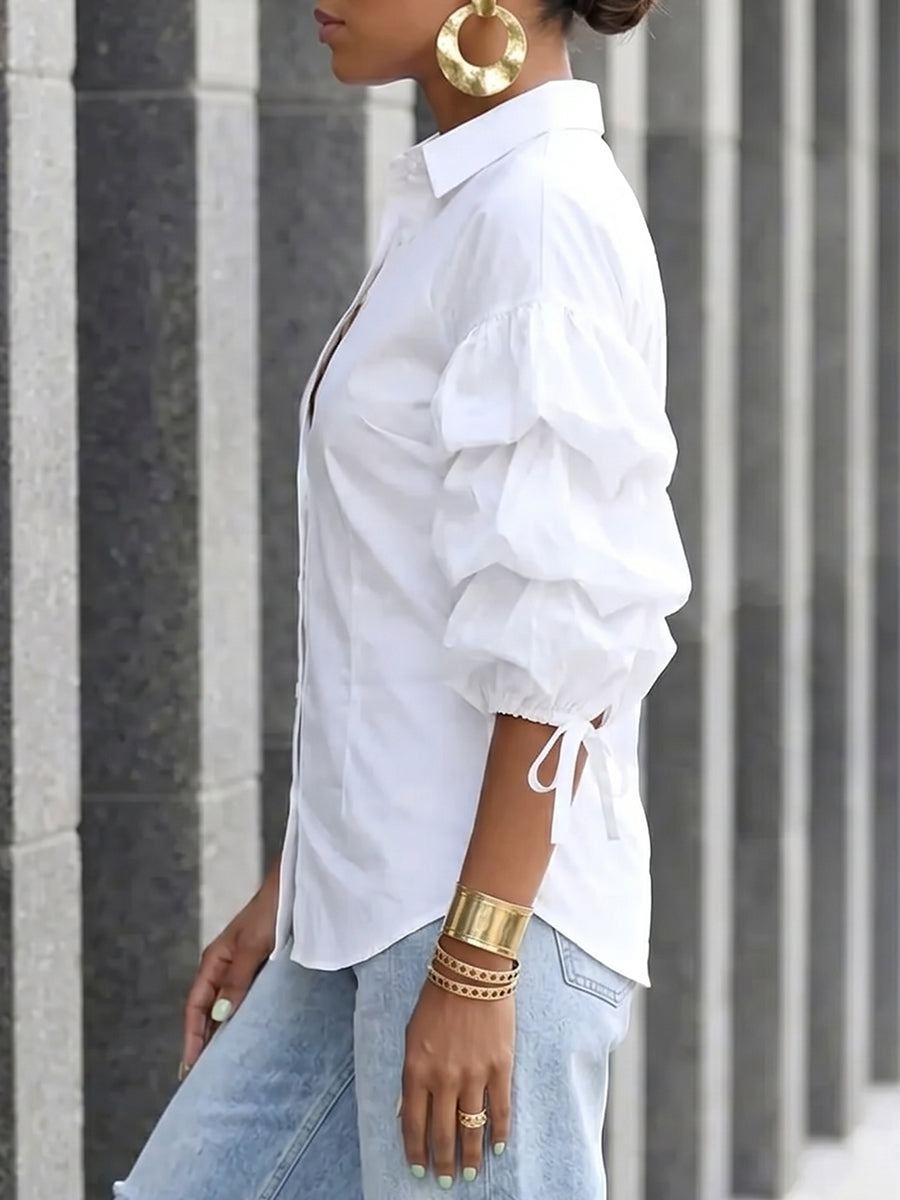 Loose Puff Sleeves Buttoned Solid Color Tied Lapel Blouses&Shirts Tops