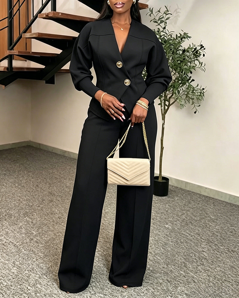 Women's 2 Piece Set V-Neck Cinched Waist Gigot Sleeve Top and High Waist Wide Leg Pants Elegant Set