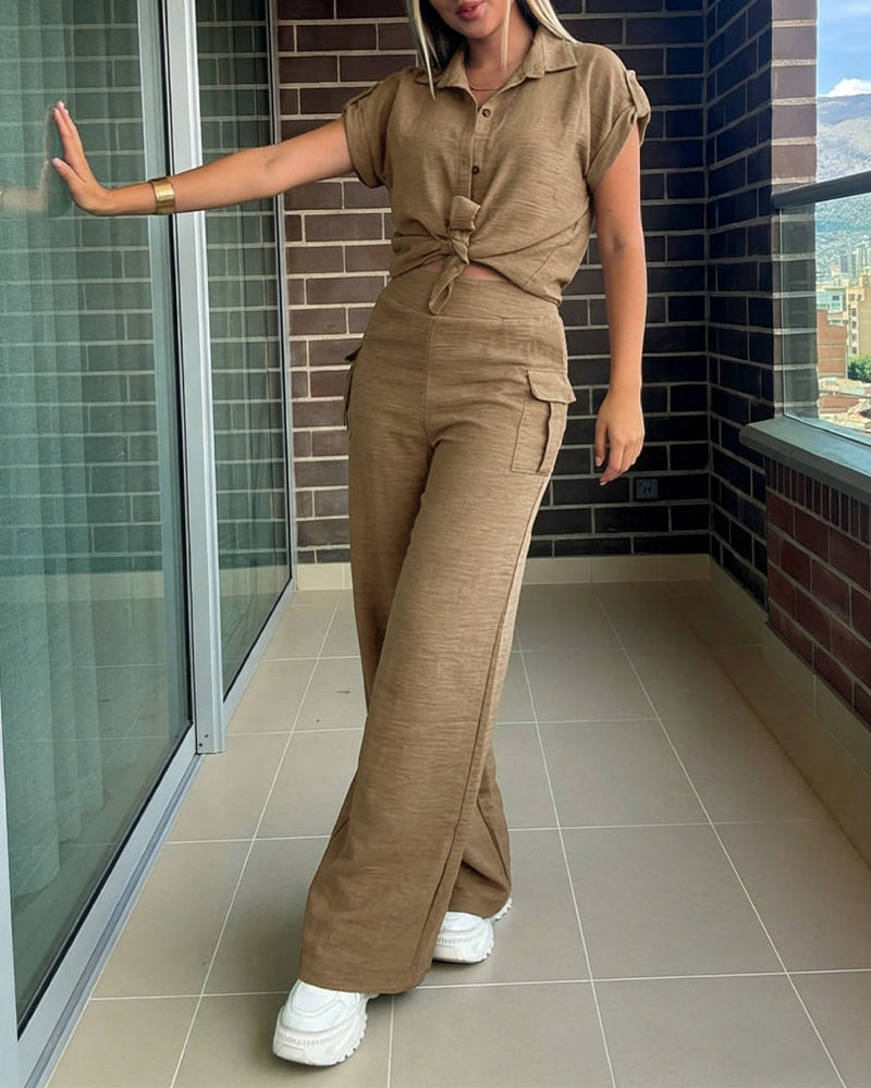 Women's 2 Piece Set Roll Up Sleeve Button Down Shirt and High Waist Wide Leg Pants