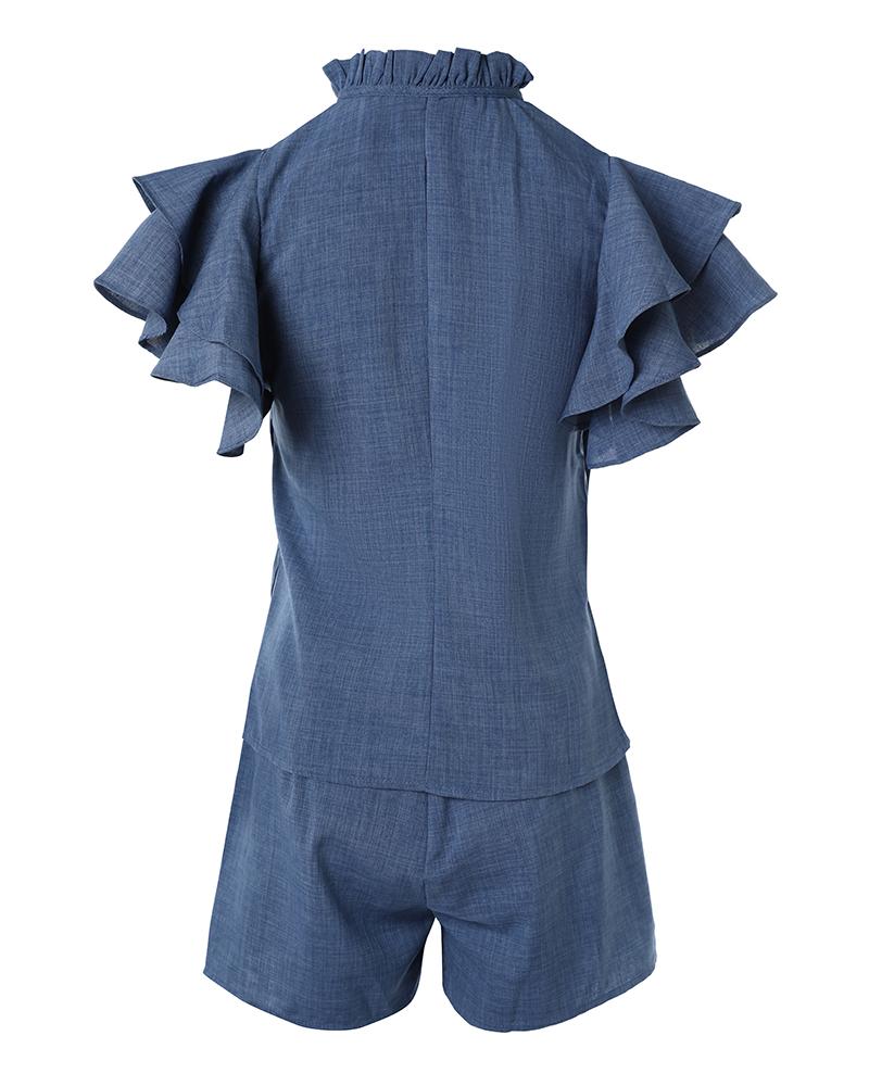 Women's Denim Look Two Piece Set Ruffle Short Sleeve Tie Neck Top and High Waist Shorts Casual Matching Set