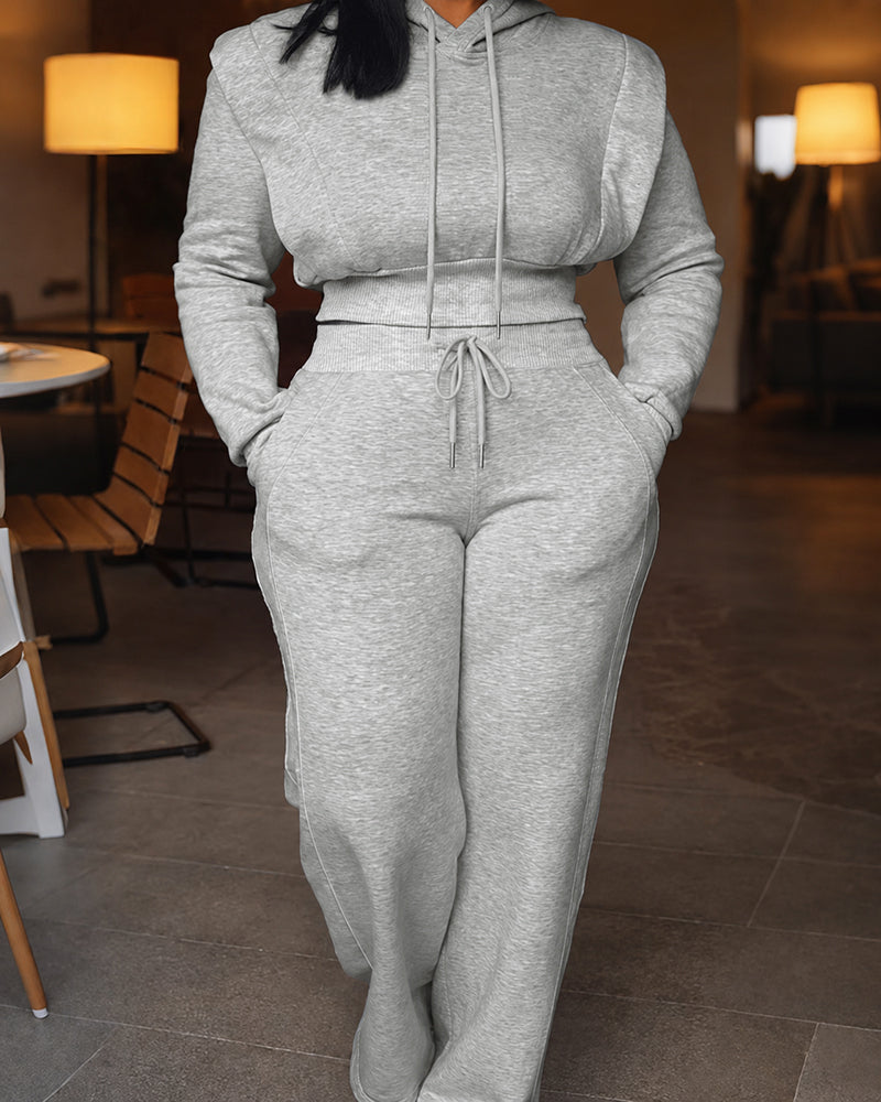 2 Pieces Outfit Long Sleeve Crop Drawstring Hoodie Sweatshirt With Thumb Hole Cuffs And Casual Drawstring Elastic Waist Wide Leg Sweatpants Set