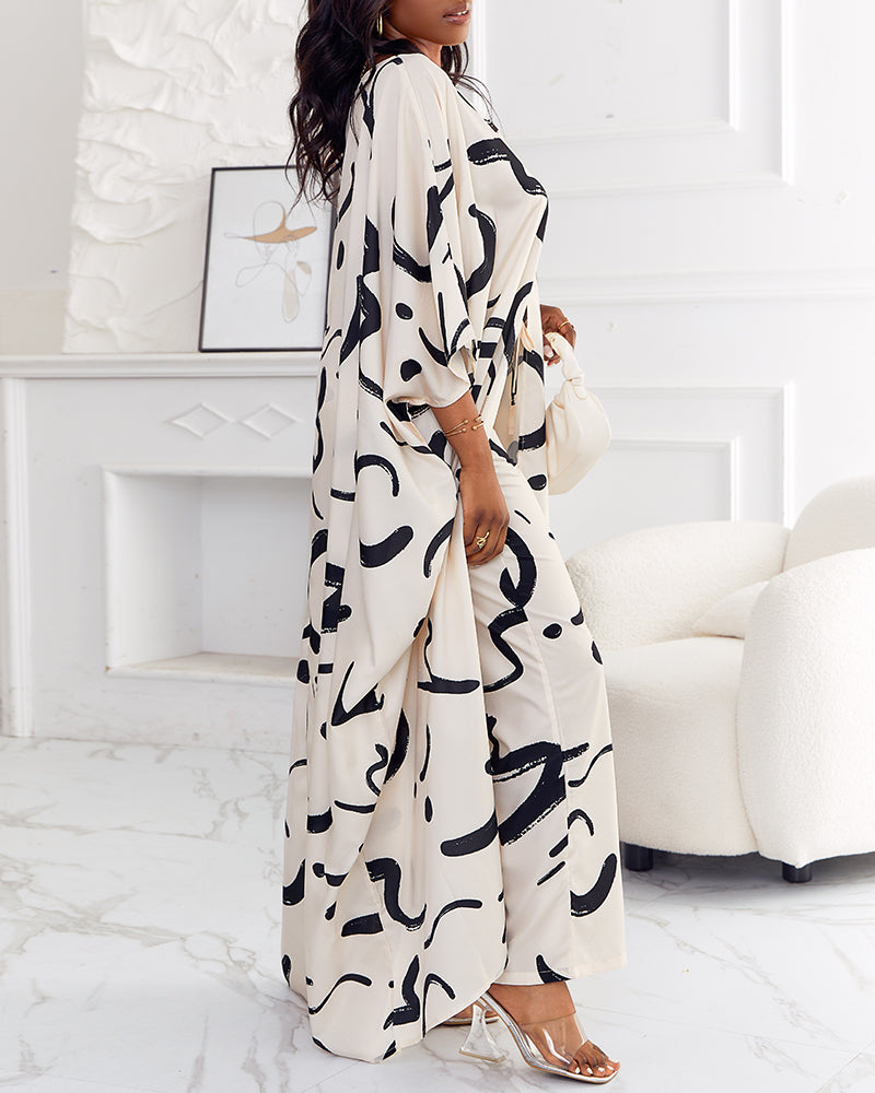 Women's 2 Piece Abstract Print Outfits V-Neck High Slit Longline Top and Wide Leg Pants Set Casual Loose Vacation Set