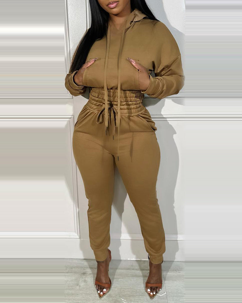 2 Pieces Outfit Drop Shoulder Kangaroo Pocket Stretchy Hem Crop Drawstring Hoodie Sweatshirt And Drawstring Elastic Waist Jogger Sweatpants Casual Tracksuit