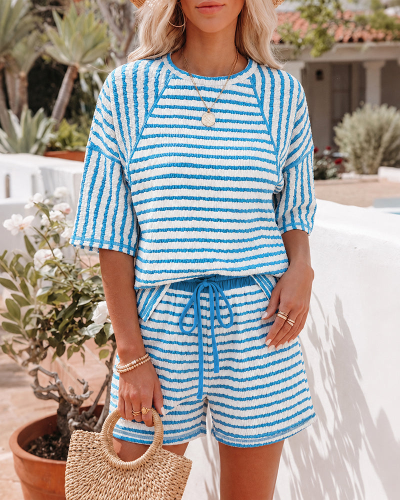 Women's Striped Textured 2 Piece Set Crewneck Raglan Half Sleeve Top and Elastic Drawstring Shorts Casual Loungewear