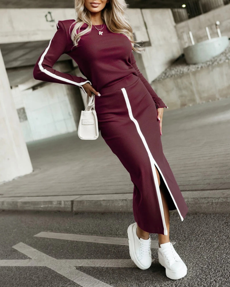 2 Pieces Outfit O-Neck Long Sleeve Slit Cuffs Pullover Top and Elastic Waist Slit Front Skirt Set Casual Contrast Striped Set