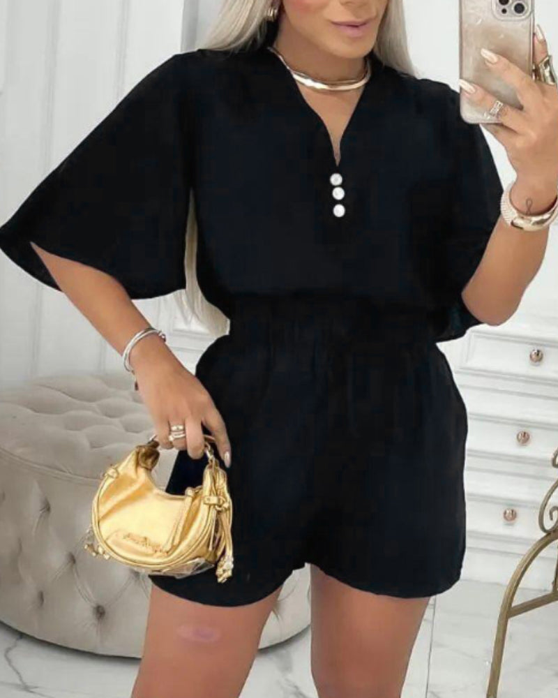 2 Pieces V Neck Button Decor Bell Sleeve Top and Casual Drawstring Stechy Waist Shorts Set