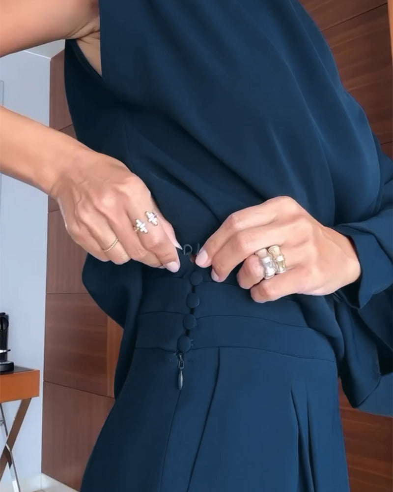 2 Pieces Outfit Skew Neck Asymmetrical Lantern Sleeve Side Slit Top and Casual Button & Zipper Side Pleated Wide Leg Pants Set