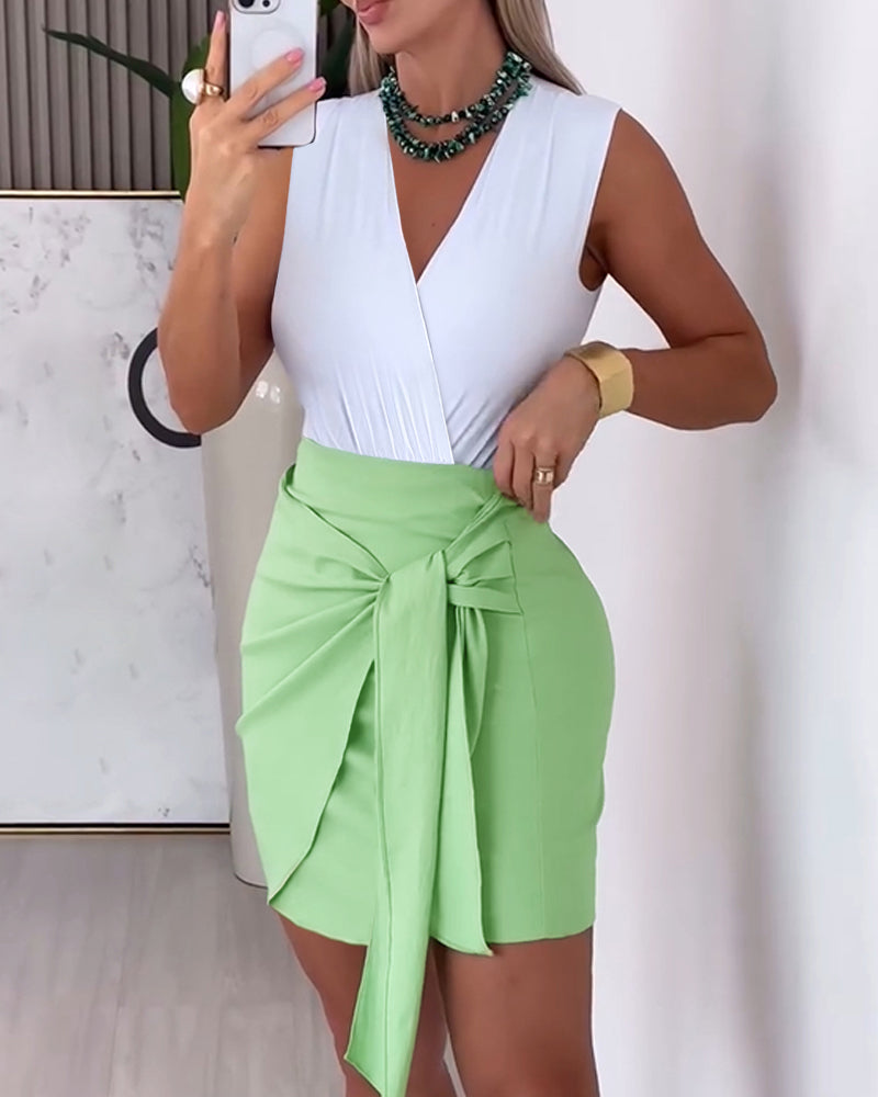 Women's 2 Piece Outfits V Neck Sleeveless Bodysuit and High Waisted Wrap Knot Side Skirt Set Casual Matching Set