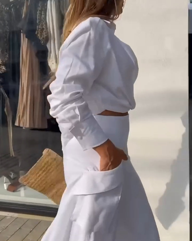 2 Pieces Outfit Turn-down Collar Long Sleeve Ruched Stretchy Hem Crop Top and Casual Elastic Back Waist Pockets Design Wide Leg Pants Set
