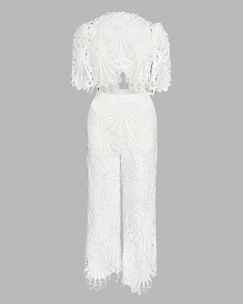 Women's 2-Piece Lace Matching Set Elegant Stand Collar Hollow Out Crop Top and High Waisted Straight Leg Pants Suit with Lining