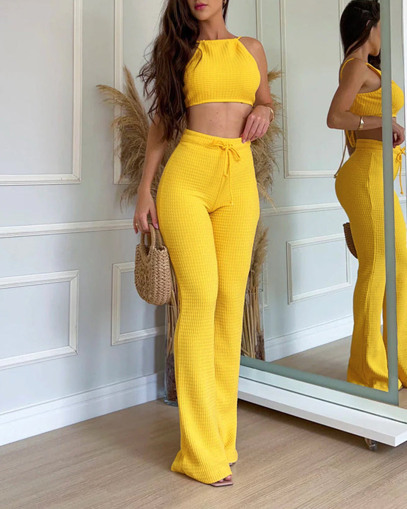 2 Pieces Outfit Halter Backless Tied Detail Crop Top and High Waist Drawstring Elastic Waist Slim Fit Flared Pants Set Casual Waffle Set