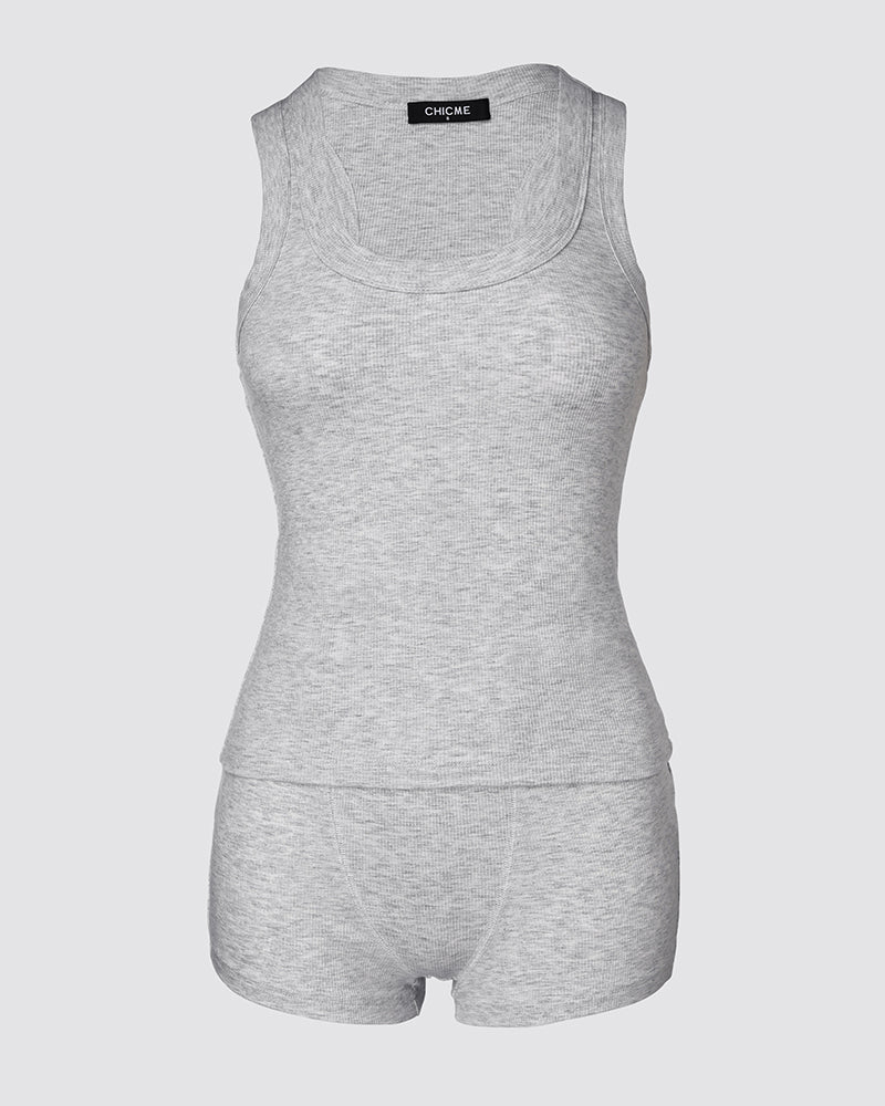 2PCS Micro-Ribbed U-Neck Tank Top & Boxer Set Cozy Loungewear