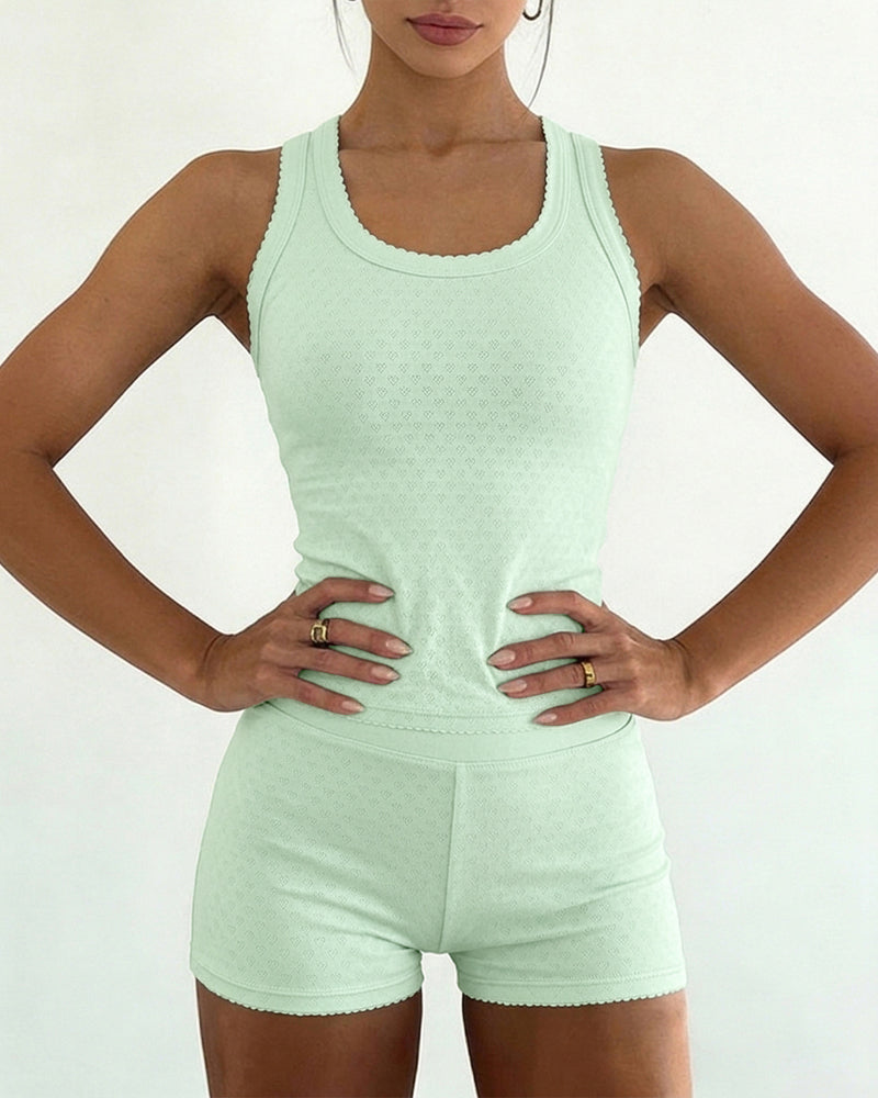 Women's 2 Piece Knit Lounge Set Heart Jacquard Racerback Tank Top and High Waist Shorts Slim Fit Stretchy Outfits