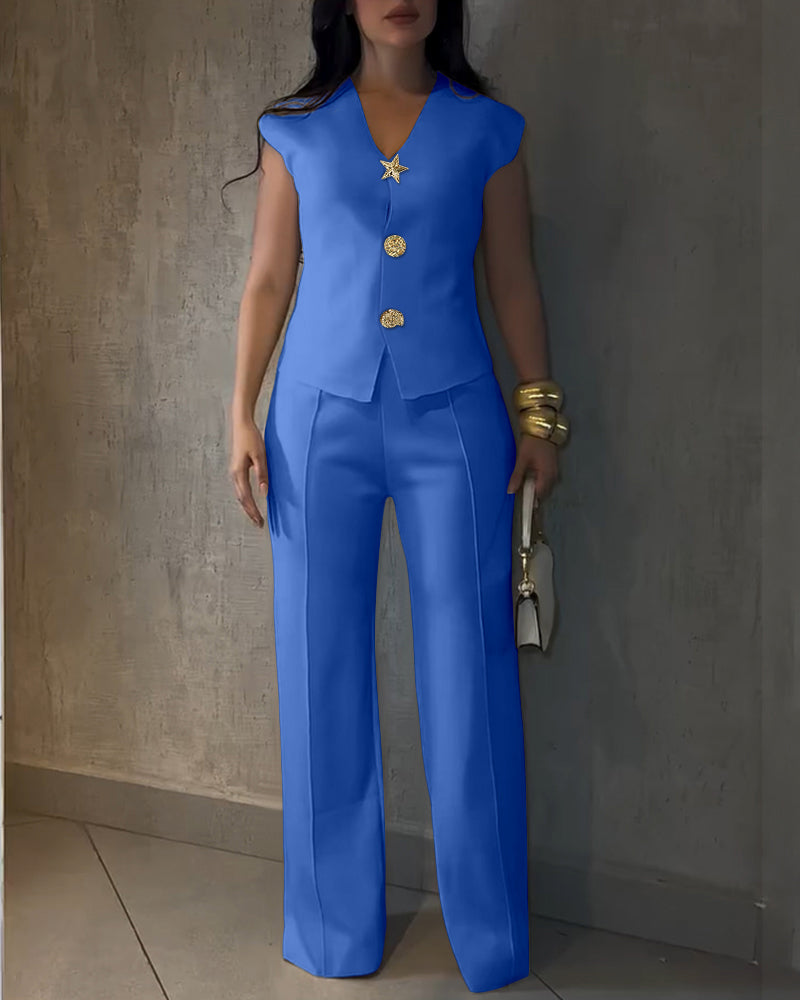 Women's Two-Piece Set Gold Button Sleeveless V-Neck Cinched Waist Top and High-Waist Wide-Leg Pants Elegant Commuter Outfit