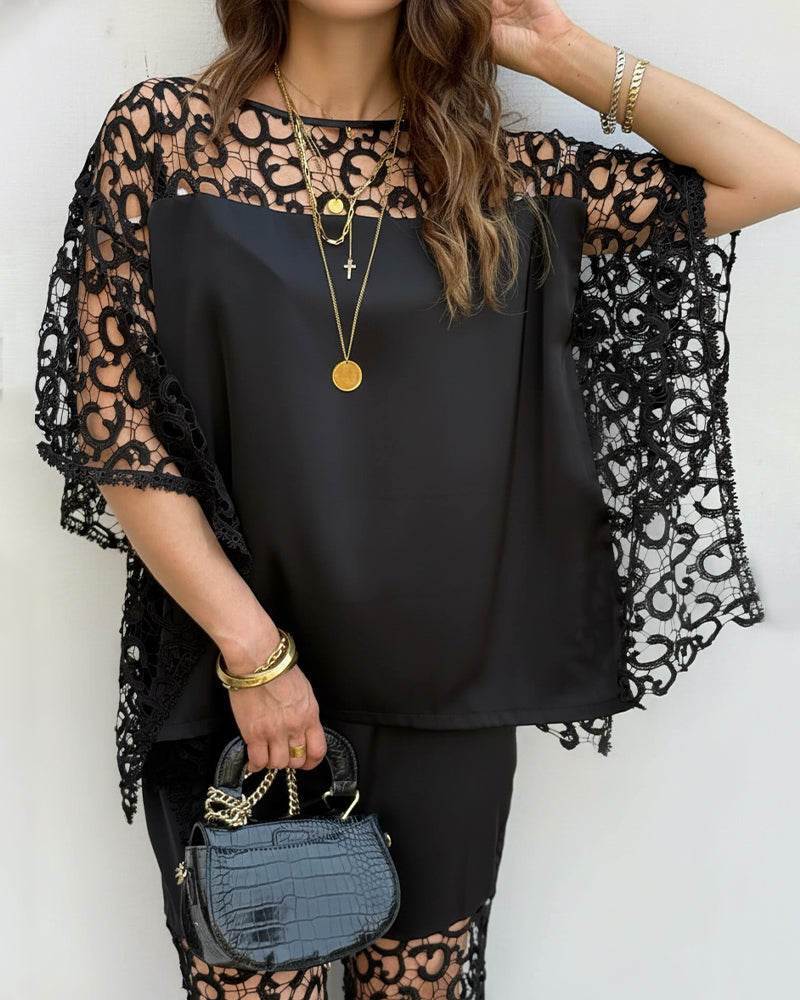 2 Pieces Outfit Batwing Sleeve Hollow-out Back Top and Elastic Waist Flared Pants Set Casual Hollow-out Lace Spliced Set