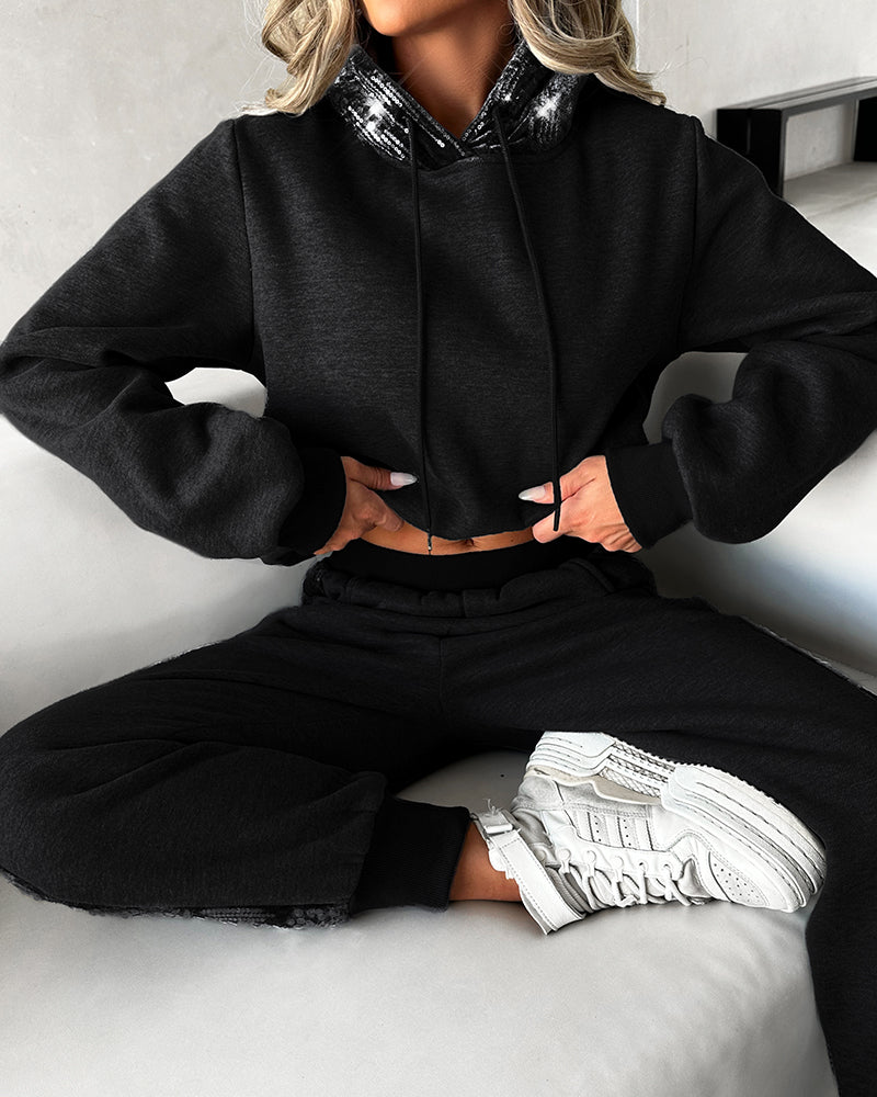 Contrast Sequin Hooded Sweatshirt & Pocket Design Sweatpants Set