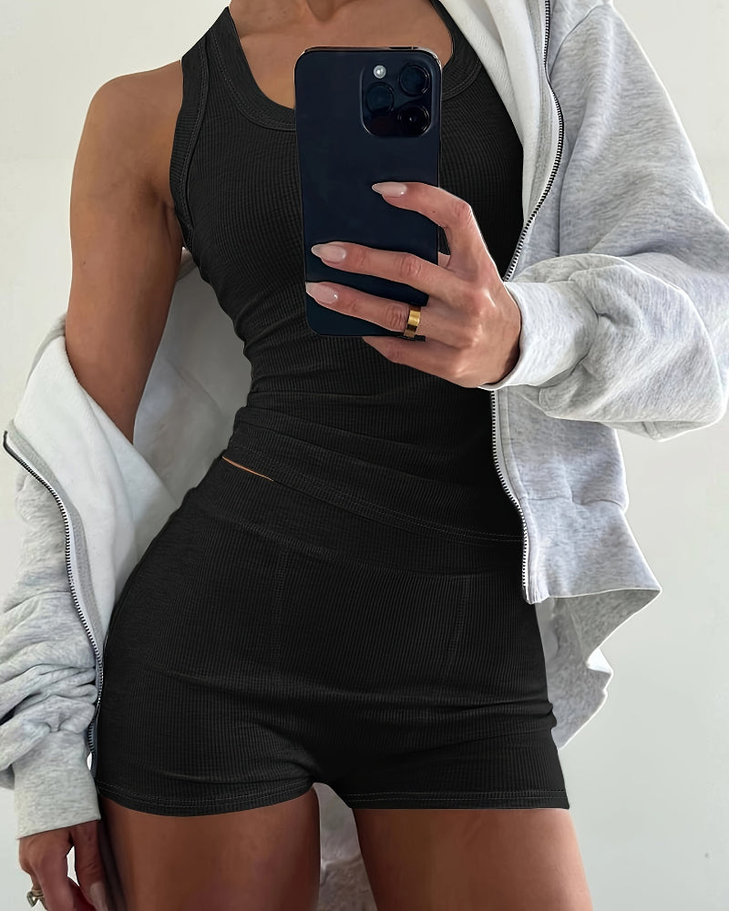 2PCS Micro-Ribbed U-Neck Tank Top & Boxer Set Cozy Loungewear