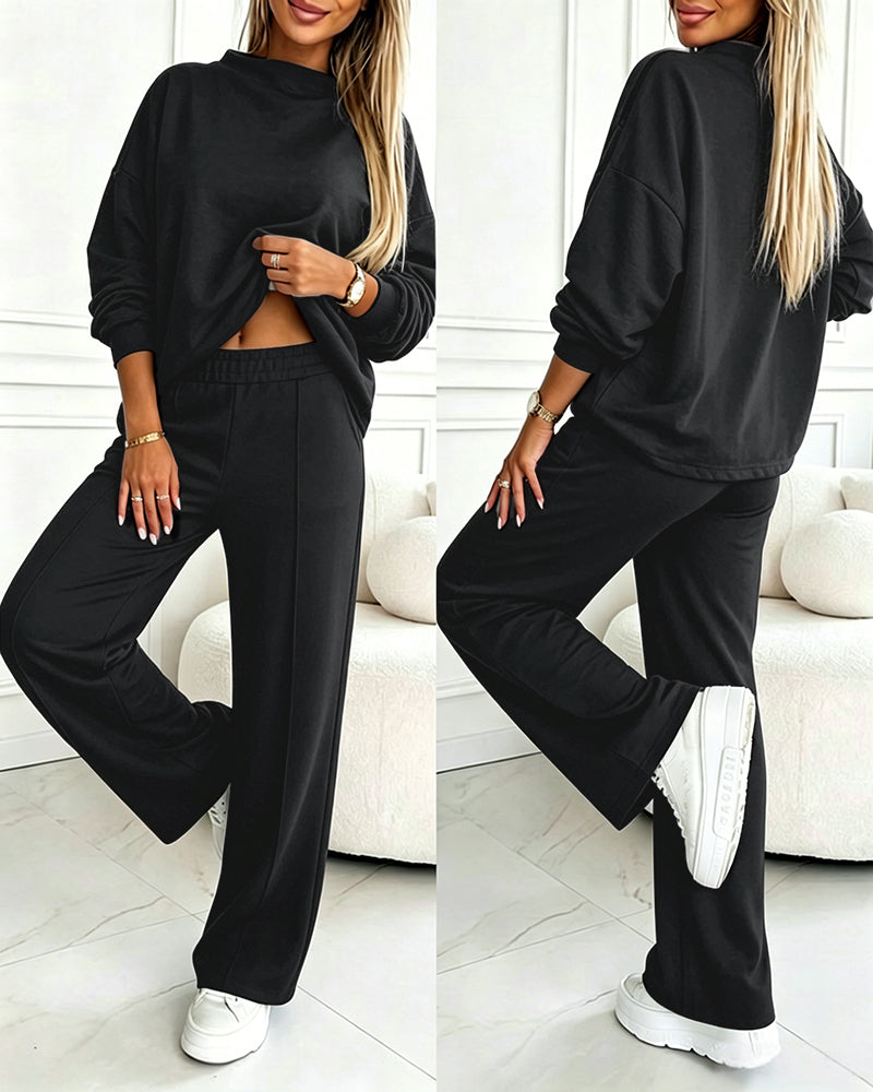 Women's 2 Piece Sweatsuit Set Mock Neck Zip Sweatshirt and High Waisted Straight Leg Sweatpants Casual Loungewear