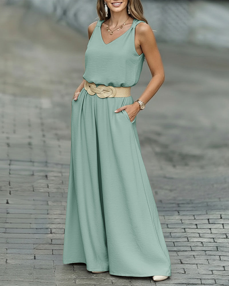 2 Pieces Outfit V-Neck Shoulder Bowknot Design Sleeveless Tank Top and Casual Zipper Fly Elastic Back Waist Wide Leg Pants Set without Belt