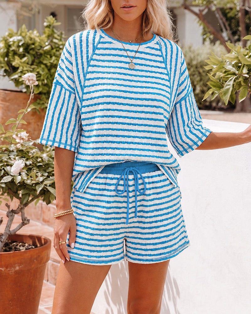 Women's Striped Textured 2 Piece Set Crewneck Raglan Half Sleeve Top and Elastic Drawstring Shorts Casual Loungewear