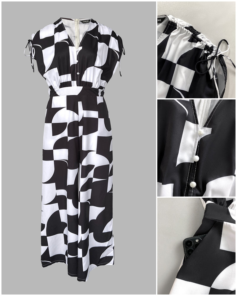 Geometric Print V-Neck Drawstring Short Sleeve Button Front Overalls Casual High Waist Zipper Back Wide Leg Jumpsuit
