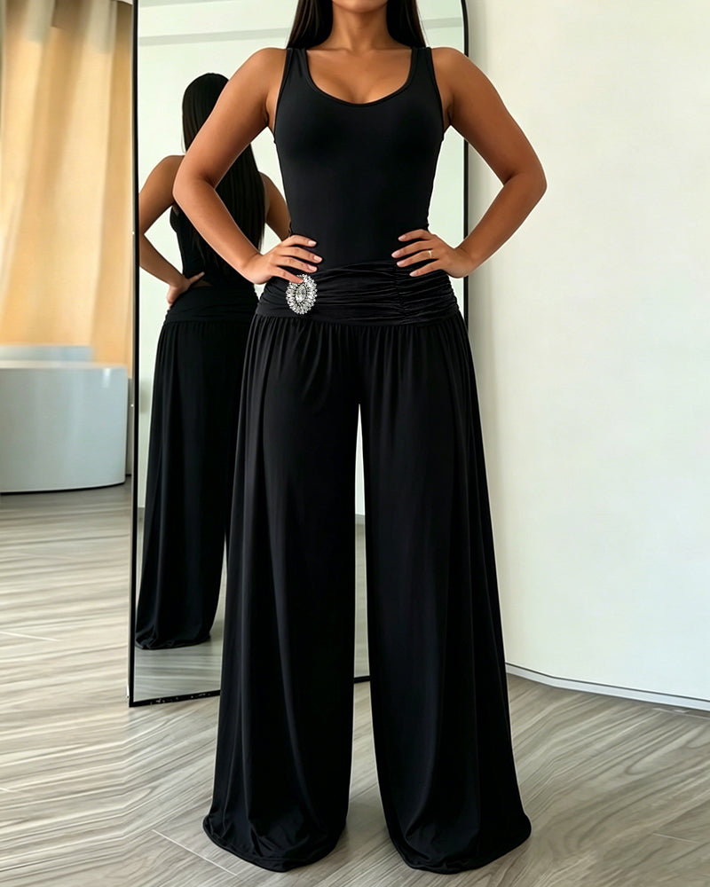 Women's 2 Piece Outfits Sleeveless Slim Fit Bodysuit and Rhinestone High Waist Ruched Wide Leg Pants Set