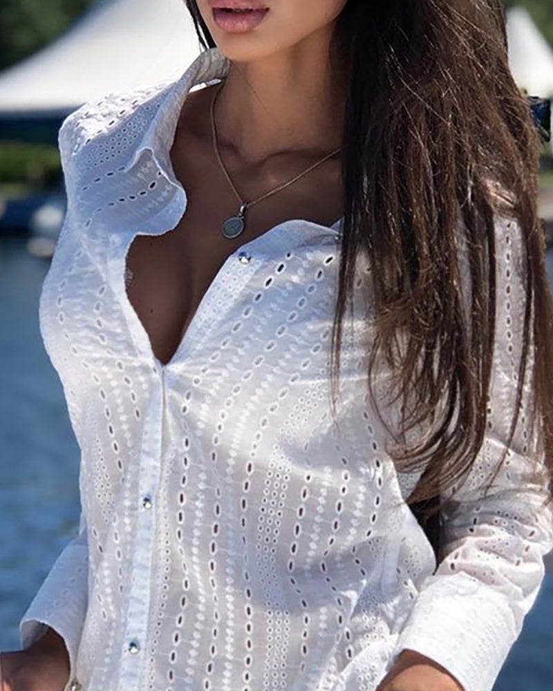 2 Pieces Outfit Turn Down Collar Button Front Eyelet Embroidery Top And Casual Elastic Waist Shorts Set With Lining