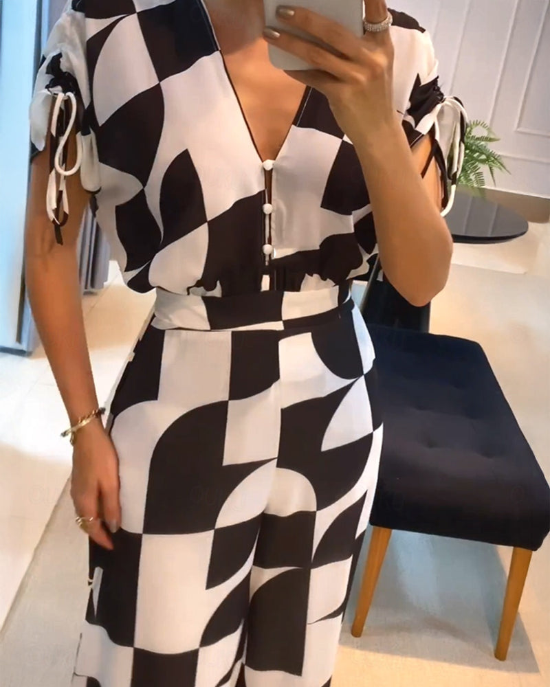 Geometric Print V-Neck Drawstring Short Sleeve Button Front Overalls Casual High Waist Zipper Back Wide Leg Jumpsuit