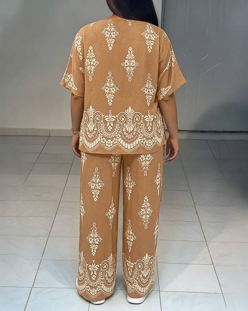 Women's Vintage Print 2 Piece Outfits V Neck Drawstring Ruched Top and Wide Leg Pants Set Casual Loose Loungewear