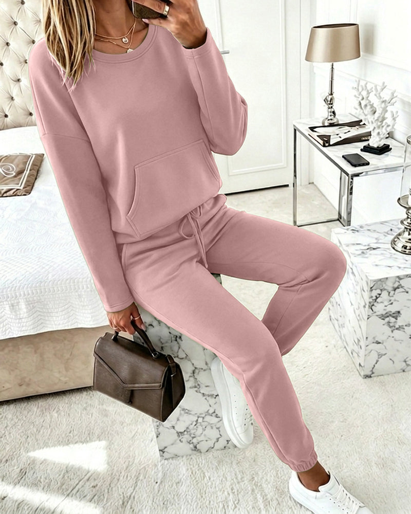 Women's 2 Piece Sweatsuit Set Crewneck Drop Shoulder Sweatshirt and High Waisted Drawstring Joggers Casual Lounge Set