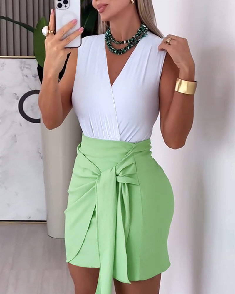 Women's 2 Piece Outfits V Neck Sleeveless Bodysuit and High Waisted Wrap Knot Side Skirt Set Casual Matching Set