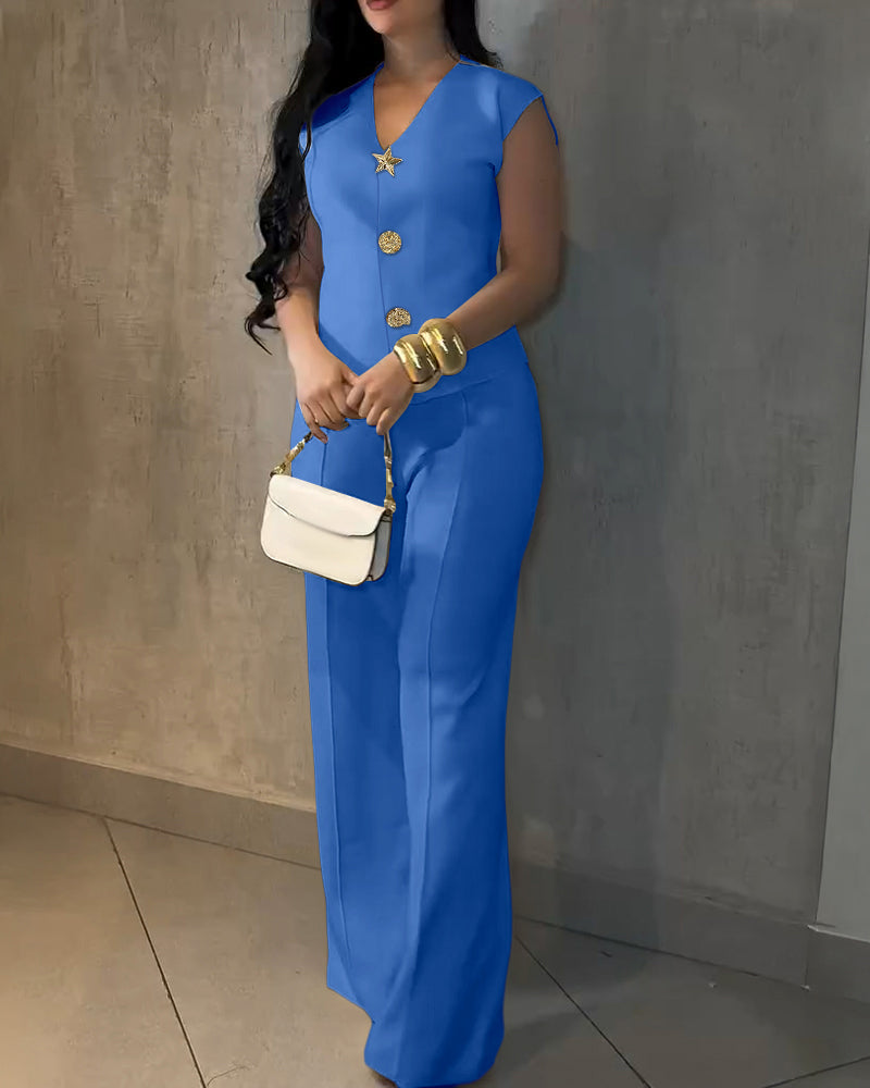 Women's Two-Piece Set Gold Button Sleeveless V-Neck Cinched Waist Top and High-Waist Wide-Leg Pants Elegant Commuter Outfit