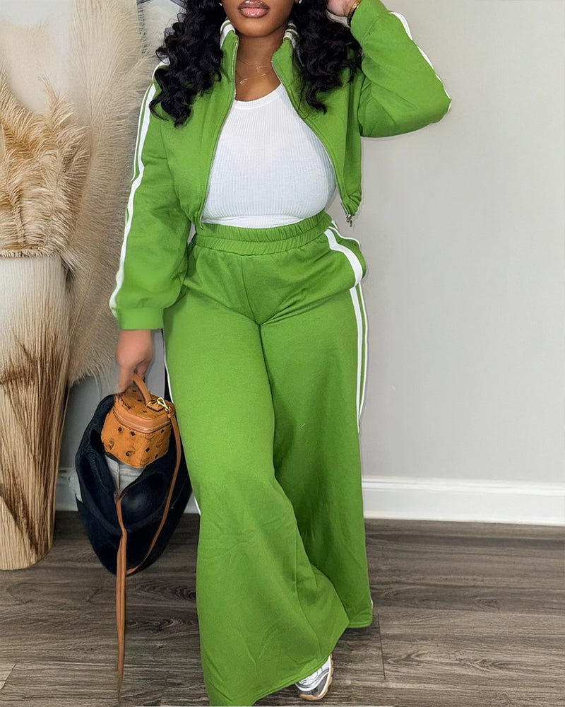 2 Pieces Outfit Stand Collar Zip Up Stretchy Hem Crop Coat and Elastic Waist Wide Leg Pants Set Casual Contrast Side Striped Set